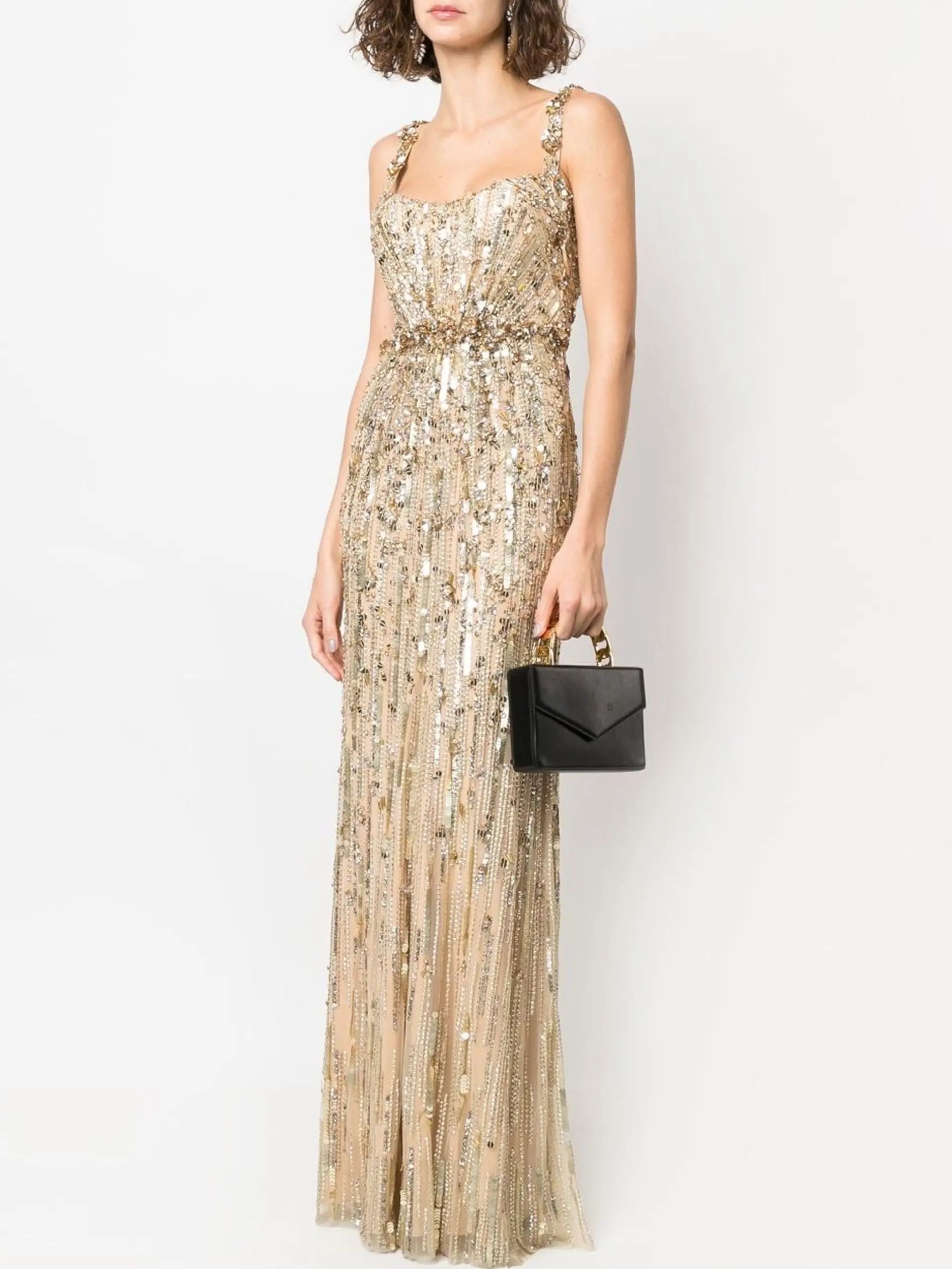 Gold-Sequin-Embellished Sleeveless Satin Gown - Dresses