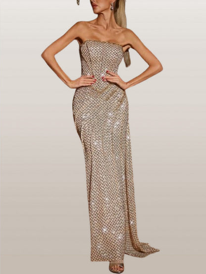 Gold Sequin Embellished Strapless Gown - Dresses