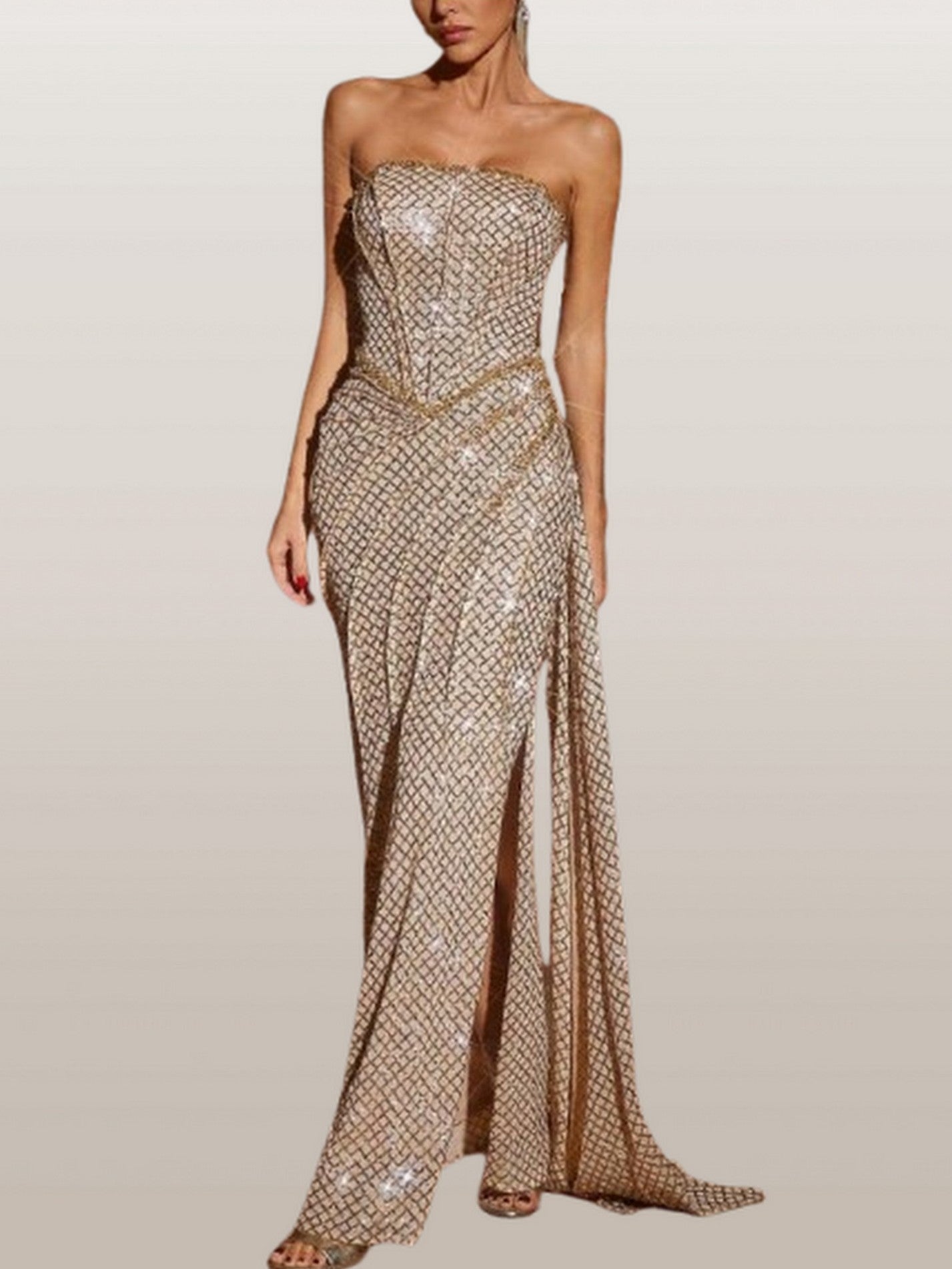 Gold Sequin Embellished Strapless Gown - Dresses