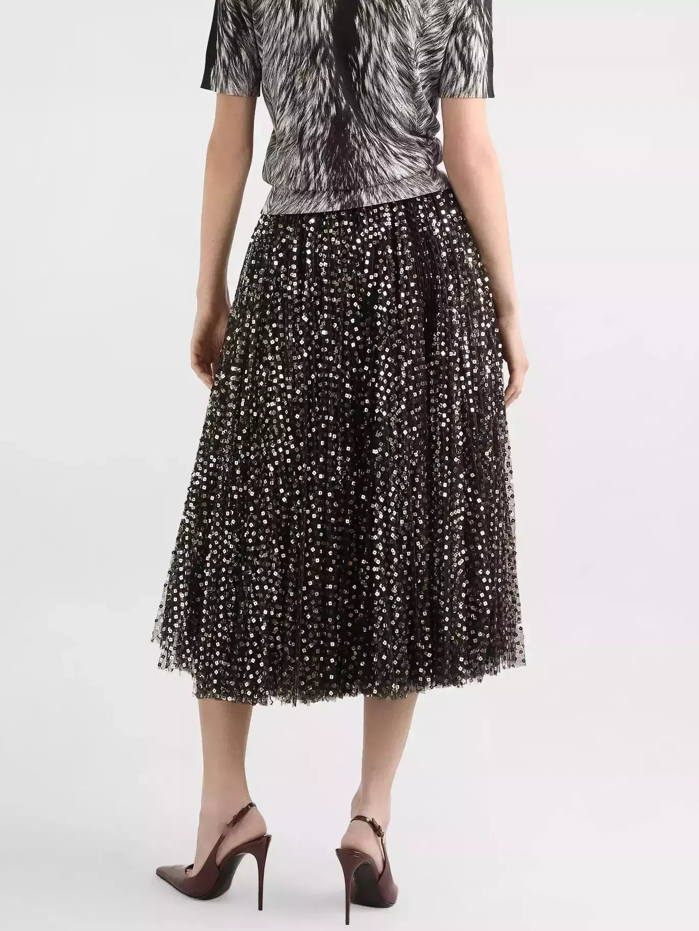 Gold Sequin-Embroidered Black Tulle Skirt - Skirts