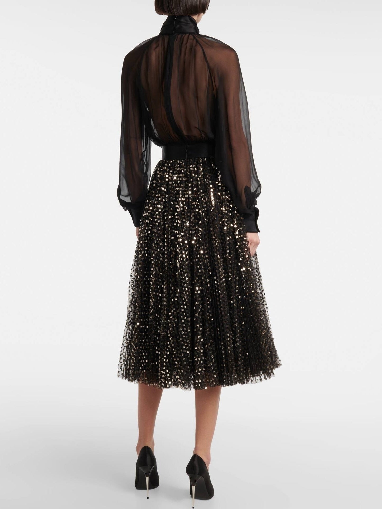 Gold Sequin-Embroidered Black Tulle Skirt - Skirts