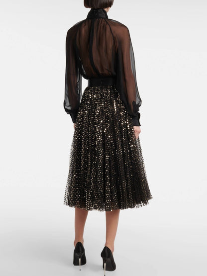 Gold Sequin-Embroidered Black Tulle Skirt - Skirts