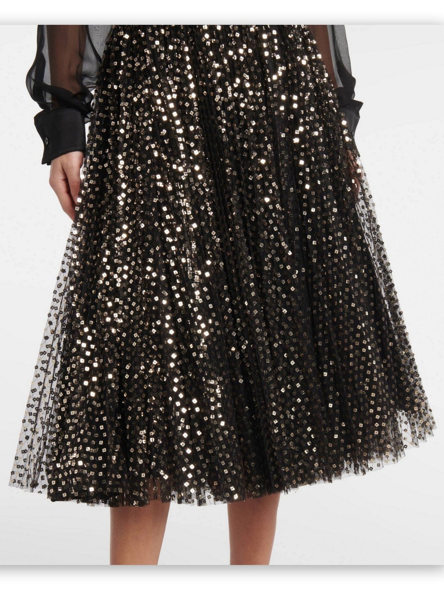 Gold Sequin-Embroidered Black Tulle Skirt - Skirts