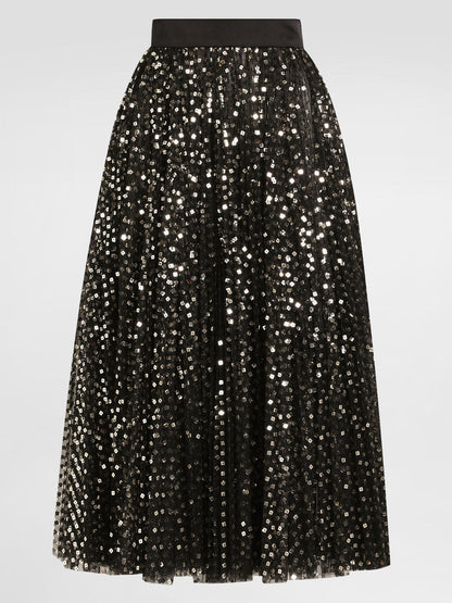 Gold Sequin-Embroidered Black Tulle Skirt - Skirts