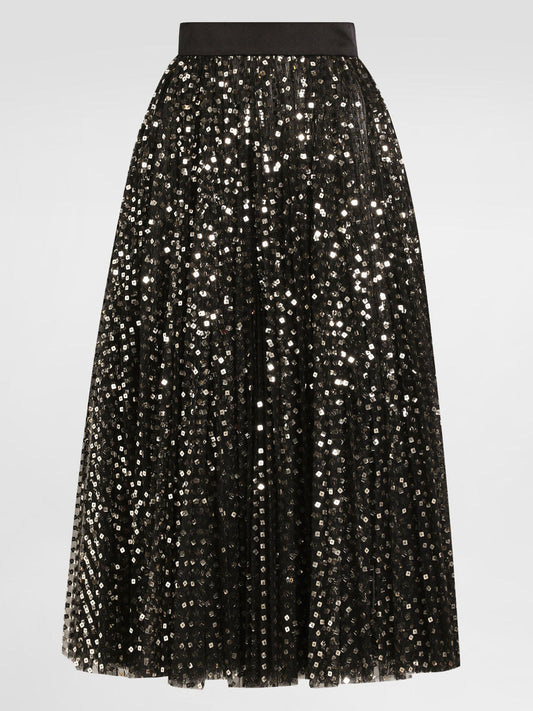 Gold Sequin-Embroidered Black Tulle Skirt - Skirts