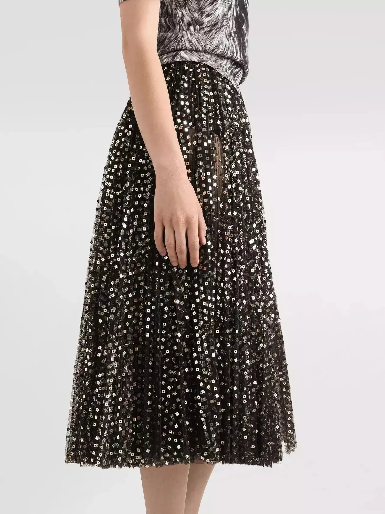 Gold Sequin-Embroidered Black Tulle Skirt - Skirts