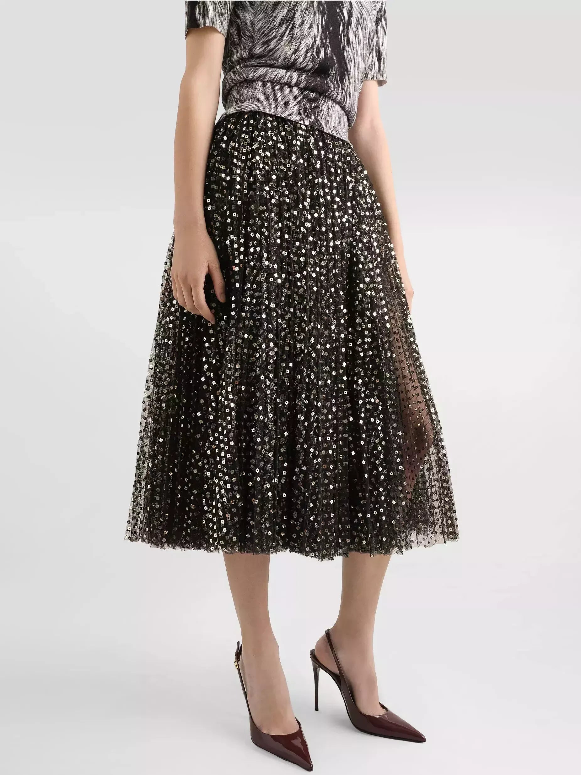Gold Sequin-Embroidered Black Tulle Skirt - Skirts