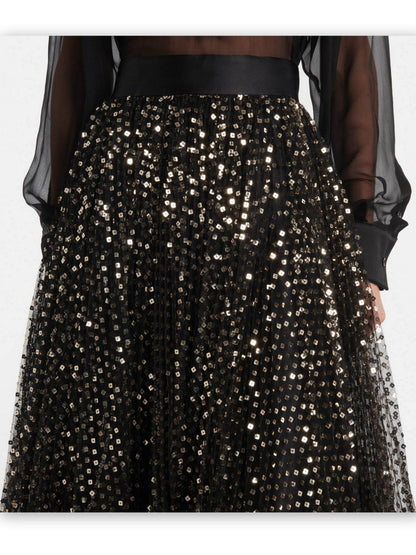 Gold Sequin-Embroidered Black Tulle Skirt - Skirts