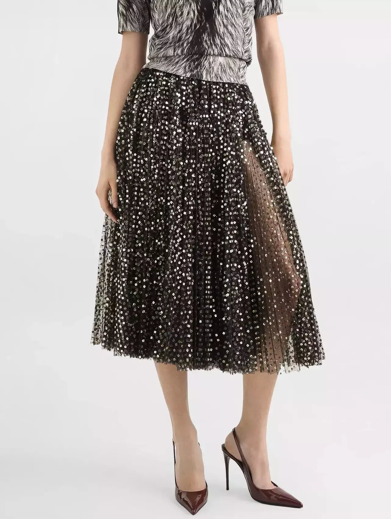 Gold Sequin-Embroidered Black Tulle Skirt - Skirts