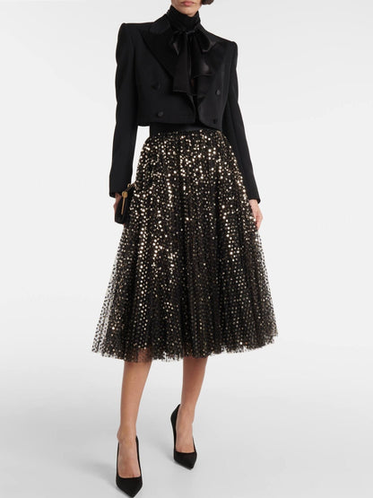 Gold Sequin-Embroidered Black Tulle Skirt - S - Skirts