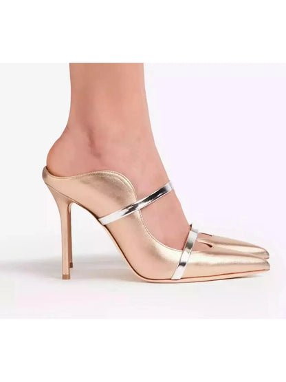 Gold Silver Leather Stiletto Mule Pumps - Footwear