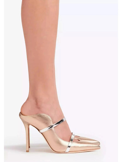 Gold Silver Leather Stiletto Mule Pumps - Footwear