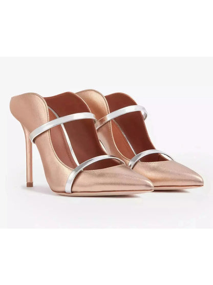 Gold Silver Leather Stiletto Mule Pumps - Footwear