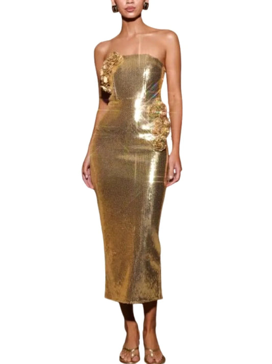 Gold Strapless Sequin Dress with Rose Appliques - Dresses