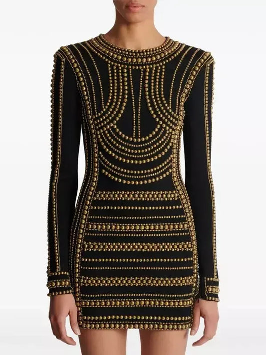 Gold-Stud-Embellished Black Mini Dress - Dresses