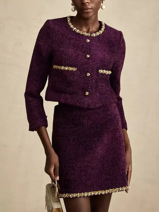 Gold-Trim Crystal Tweed Cropped Jacket and Skirt Set in Purple - Suits & Sets