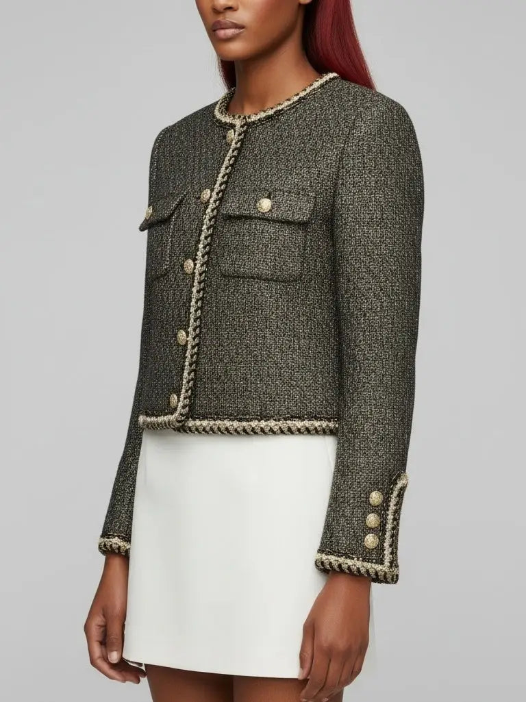 Gold-Trimmed Tweed Jacket with Decorative Buttons - Jackets