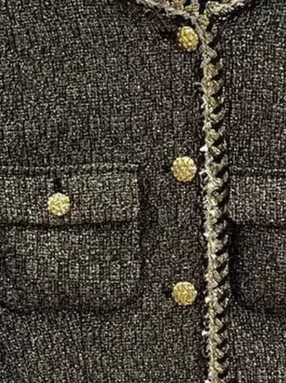 Gold-Trimmed Tweed Jacket with Decorative Buttons - Jackets