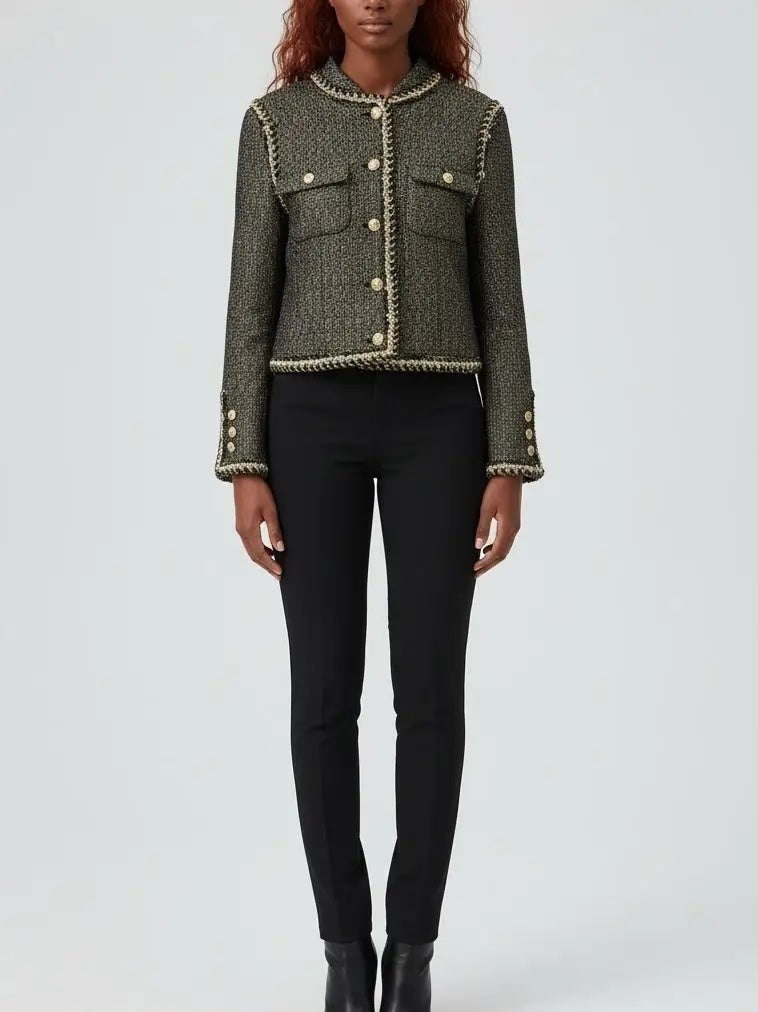 Gold-Trimmed Tweed Jacket with Decorative Buttons - Jackets