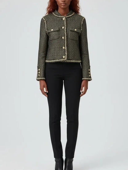 Gold-Trimmed Tweed Jacket with Decorative Buttons - Jackets