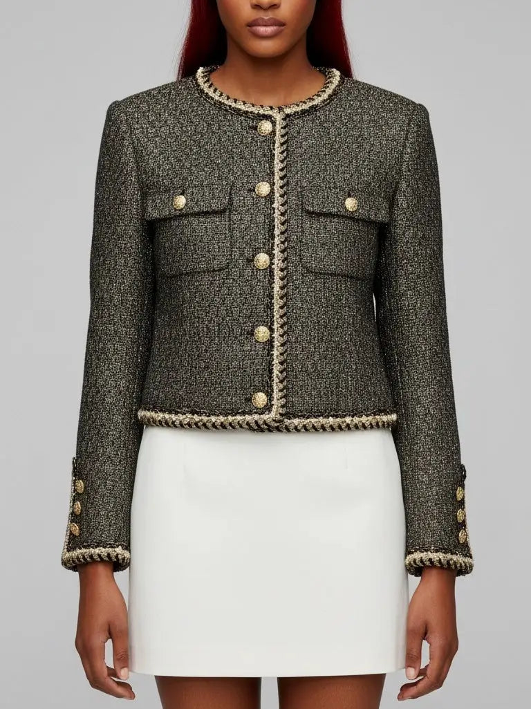 Gold-Trimmed Tweed Jacket with Decorative Buttons - Jackets