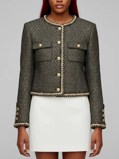 Gold-Trimmed Tweed Jacket with Decorative Buttons - Jackets