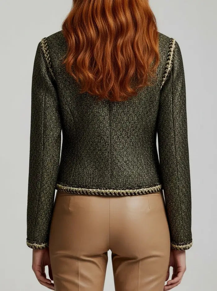 Gold-Trimmed Tweed Jacket with Decorative Buttons - Jackets