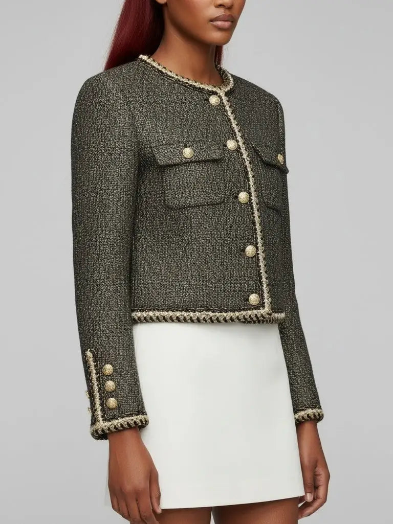 Gold-Trimmed Tweed Jacket with Decorative Buttons - Jackets