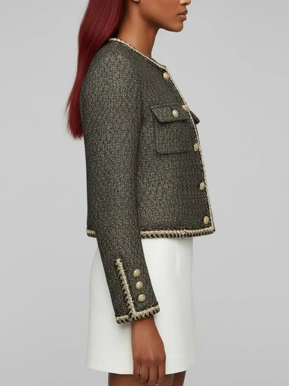 Gold-Trimmed Tweed Jacket with Decorative Buttons - Jackets