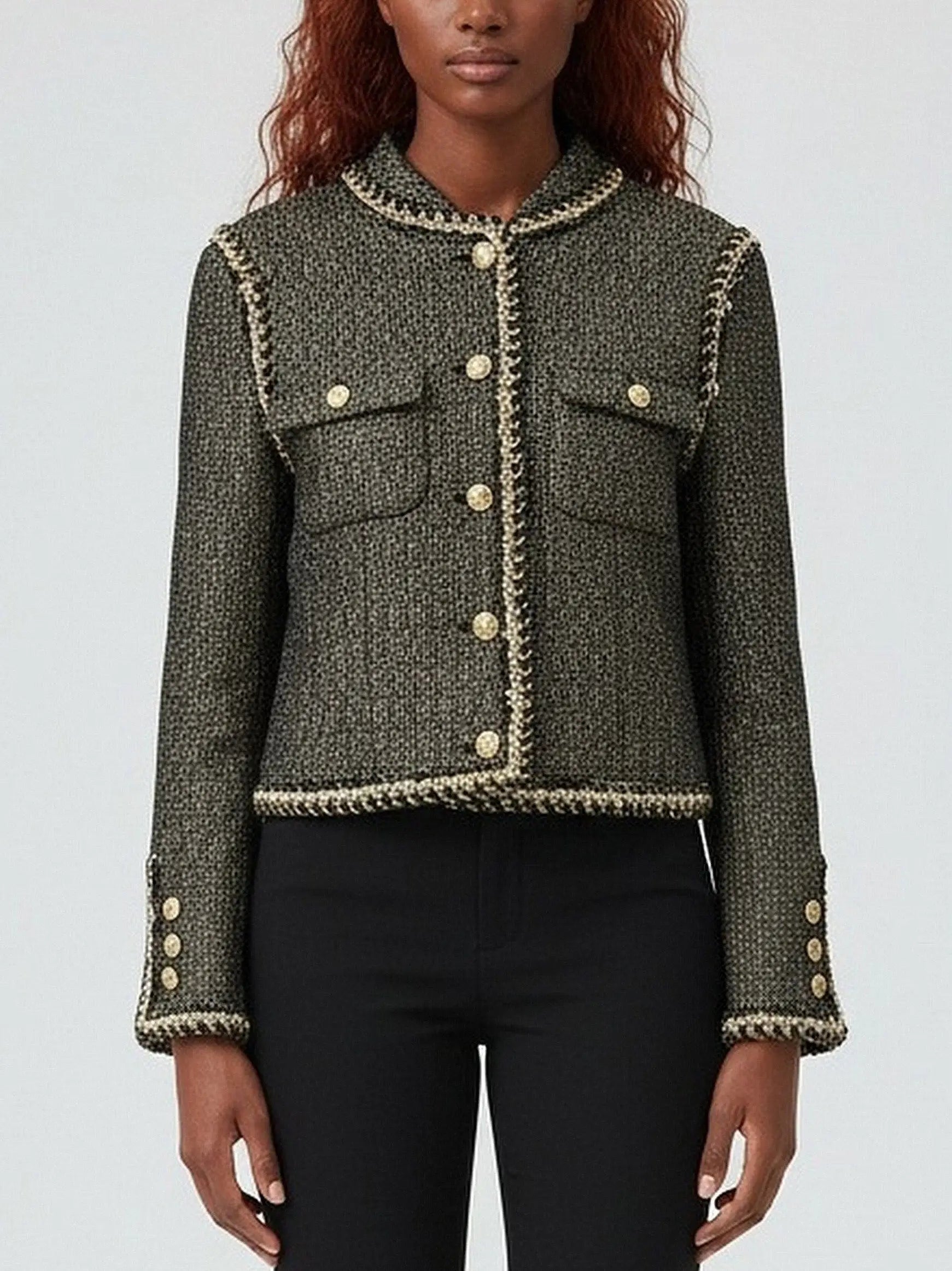 Gold-Trimmed Tweed Jacket with Decorative Buttons - Small - Jackets