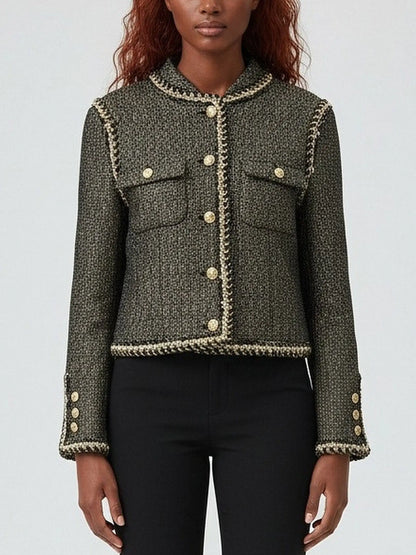 Gold-Trimmed Tweed Jacket with Decorative Buttons - Small - Jackets