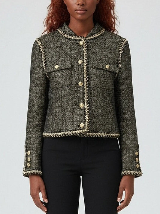 Gold-Trimmed Tweed Jacket with Decorative Buttons - Small - Jackets