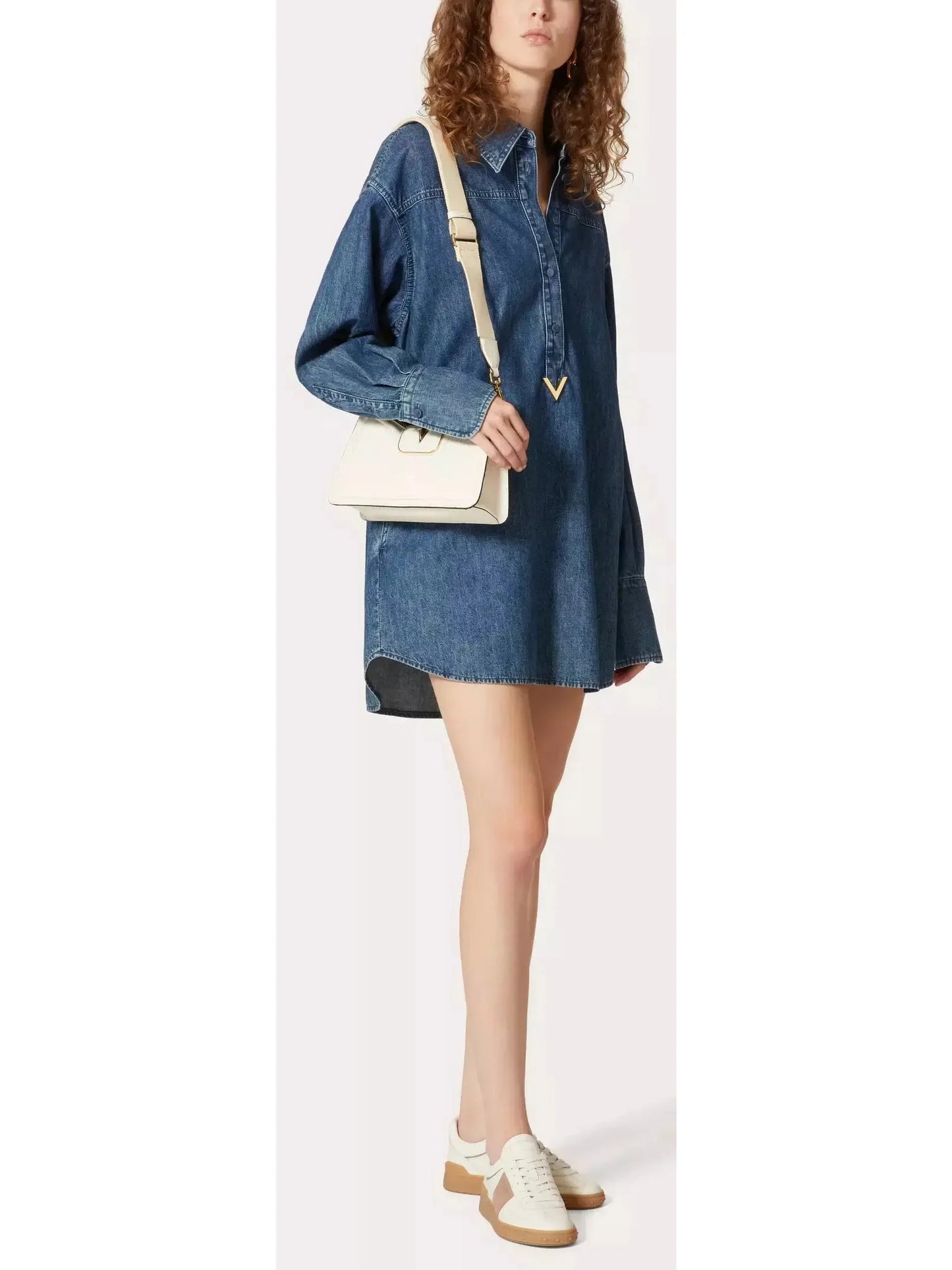 Gold-V Chambray Denim Shirt Dress - Dresses