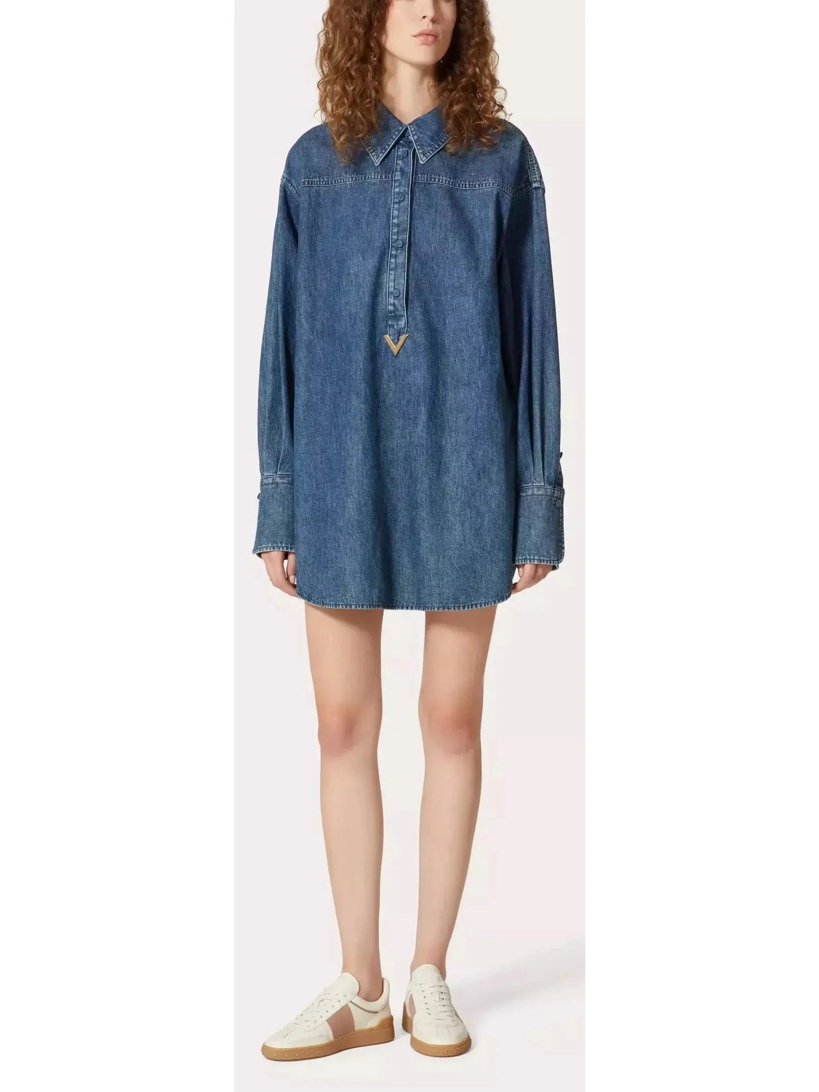 Gold-V Chambray Denim Shirt Dress - Dresses