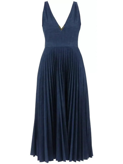 Gold-V Pleated Long Denim Dress - Dresses
