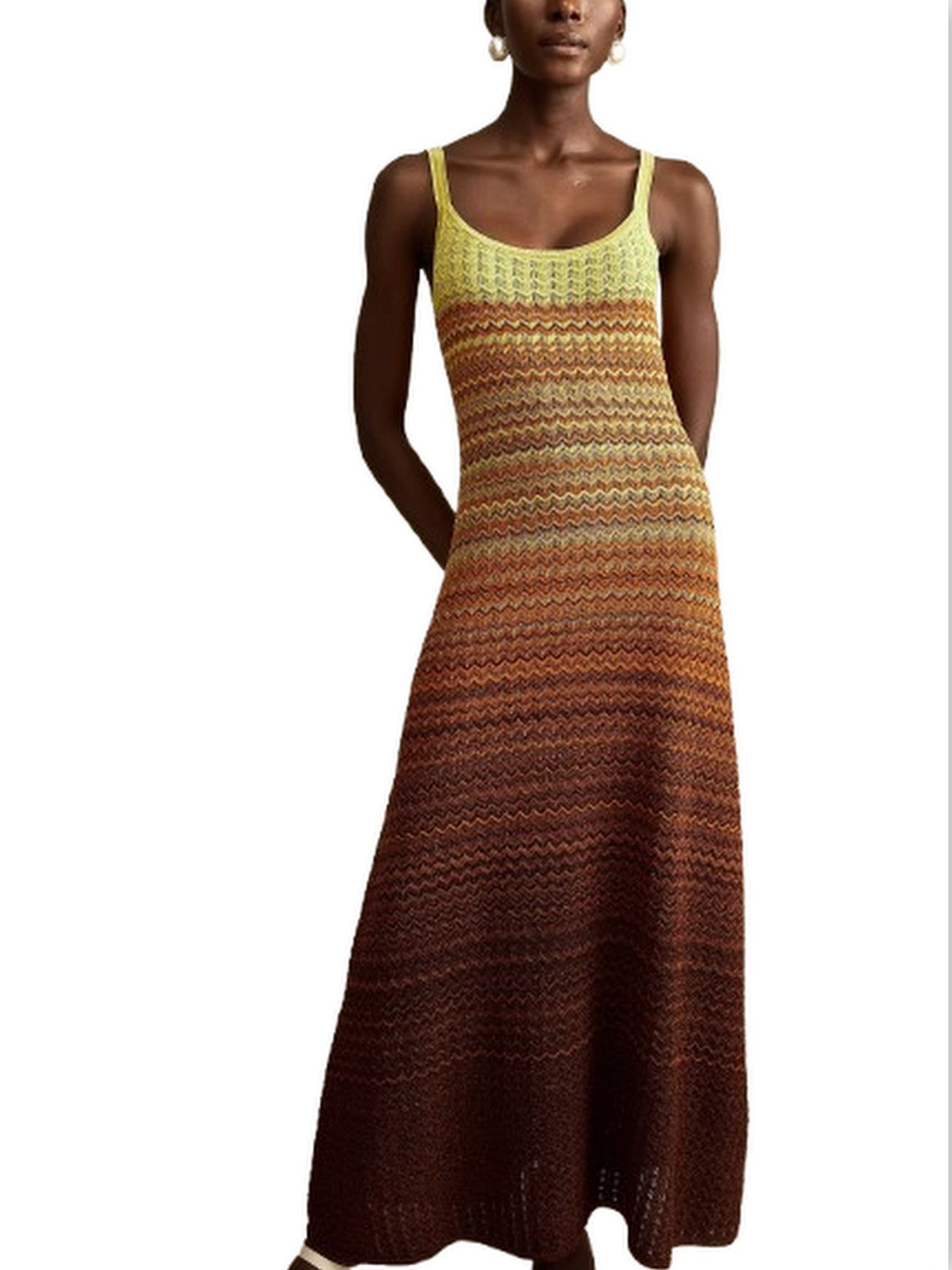 Gradient Pointelle Knit Maxi Dress Ombr Yellow Brown Gradient Pointelle Knit Maxi Dress Ombr Yellow Brown