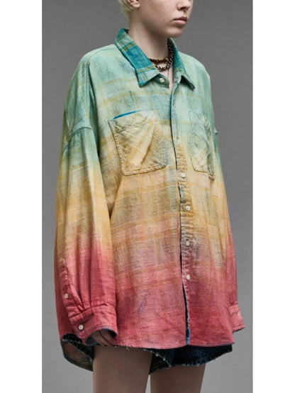 Gradient Rainbow Plaid Cotton Shirt - Tops