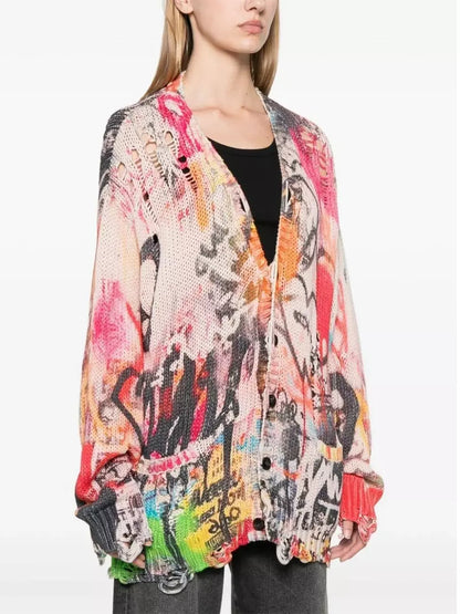 Graffiti Printed Multicolor Distressed Cardigan - Sweaters & Knitwear