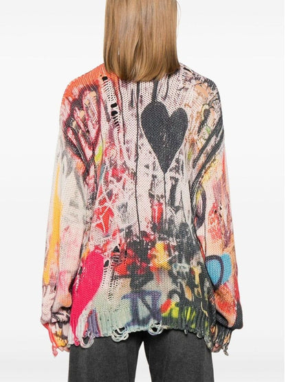 Graffiti Printed Multicolor Distressed Cardigan - Sweaters & Knitwear