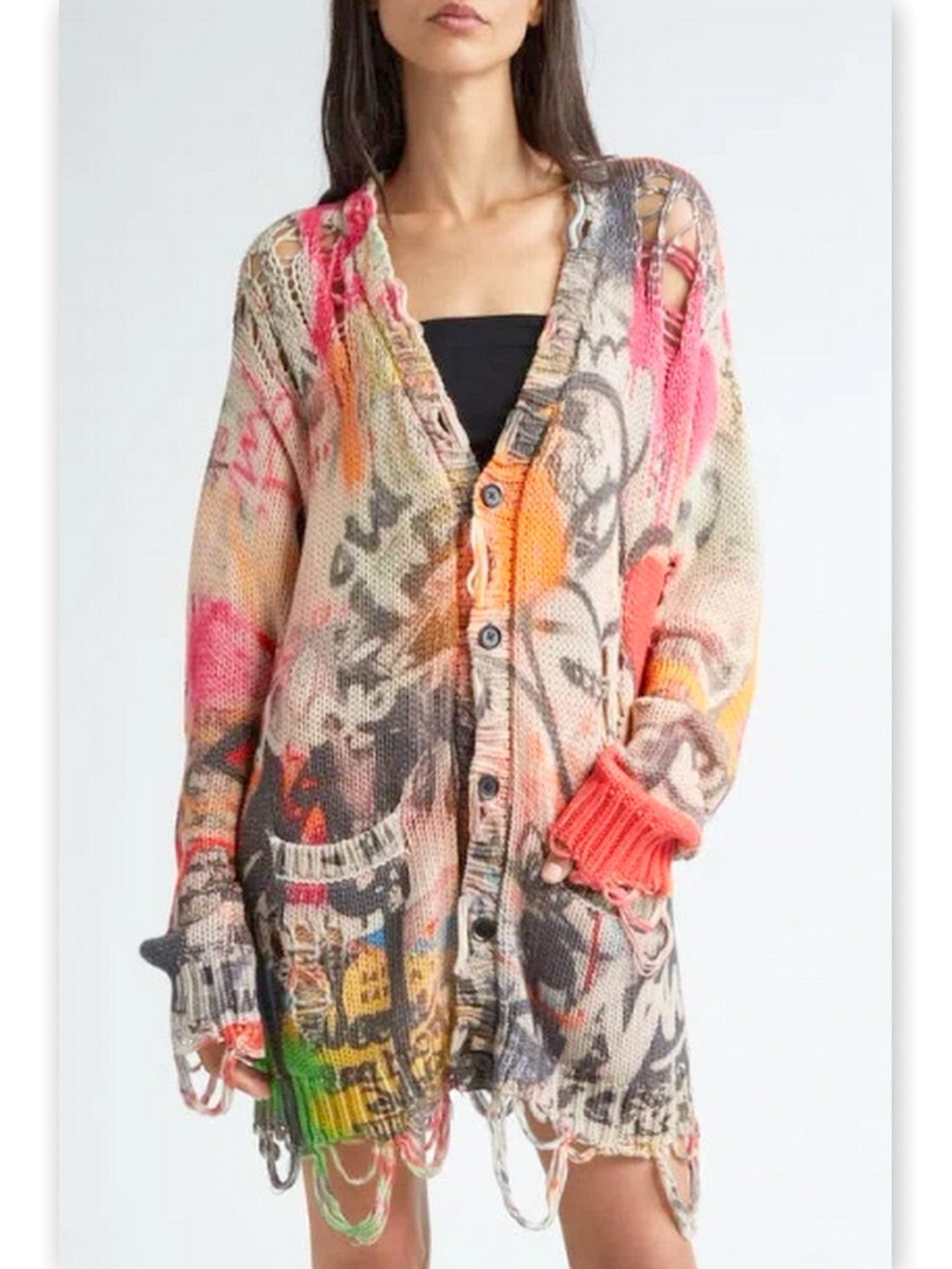 Graffiti Printed Multicolor Distressed Cardigan - Sweaters & Knitwear