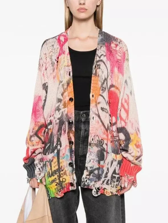 Graffiti Printed Multicolor Distressed Cardigan - Sweaters & Knitwear