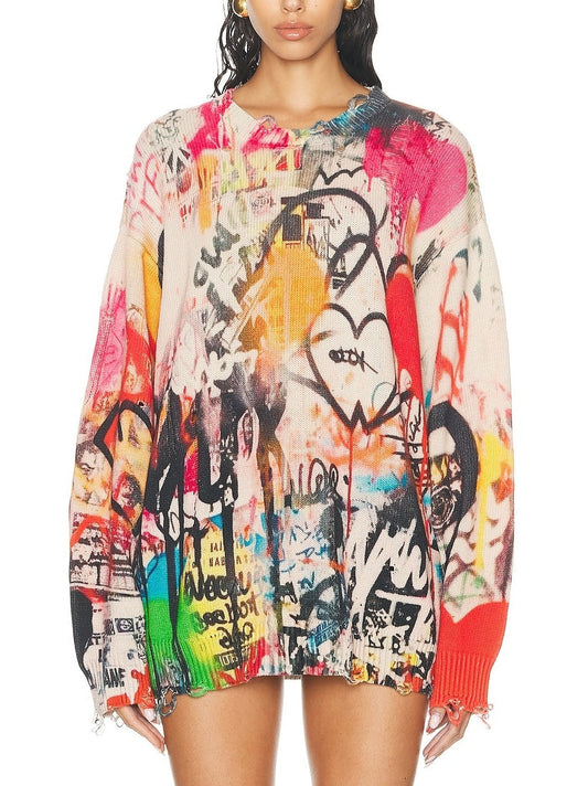 Graffiti Printed Multicolor Distressed Sweater - Sweaters & Knitwear