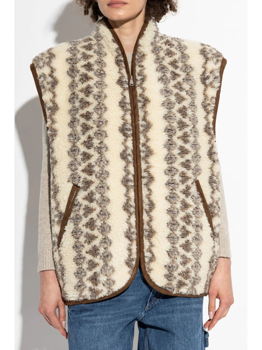 Graphic Pattern Jacquard Fleece Teddy Sleeveless Jacket - Jackets