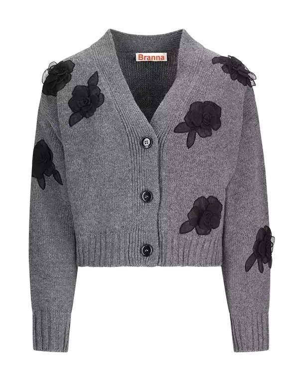 Gray Floral-Embroidered Cropped Wool Cardigan - Sweaters & Knitwear