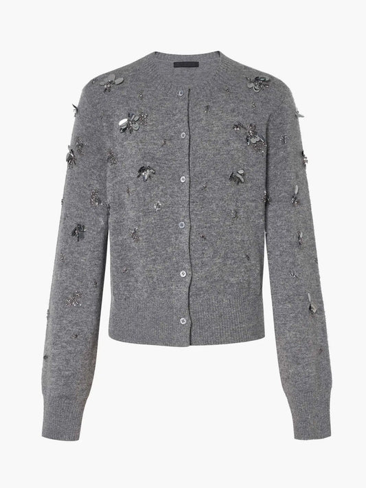 Gray Paillette and Sequin Embroidered Wool Cardigan - Sweaters & Knitwear