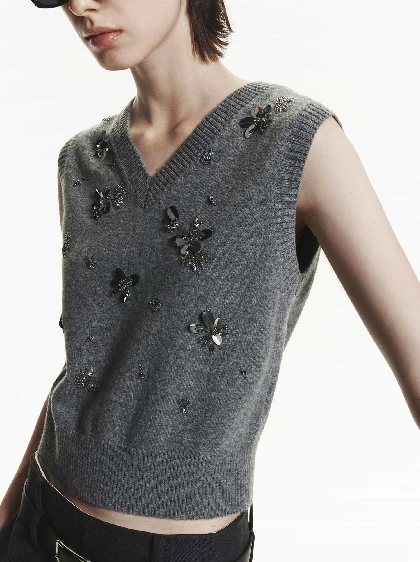 Gray Paillette and Sequin Embroidered Wool Vest - Sweaters & Knitwear