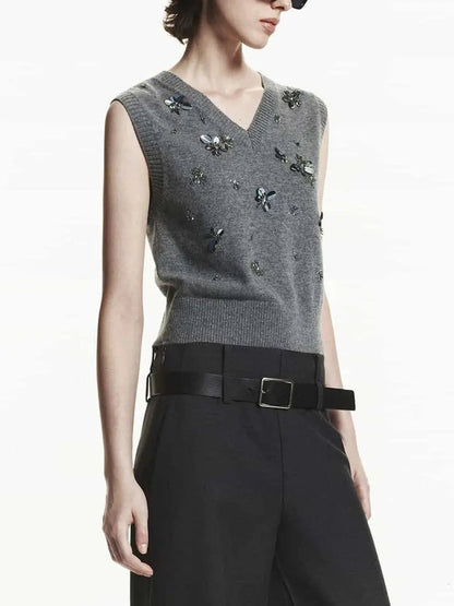 Gray Paillette and Sequin Embroidered Wool Vest - Sweaters & Knitwear