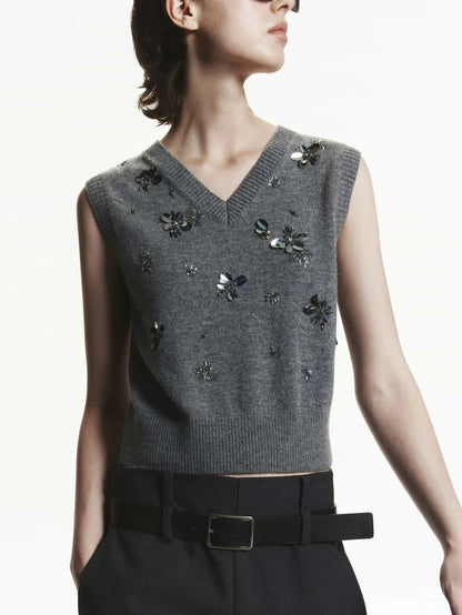 Gray Paillette and Sequin Embroidered Wool Vest - Sweaters & Knitwear