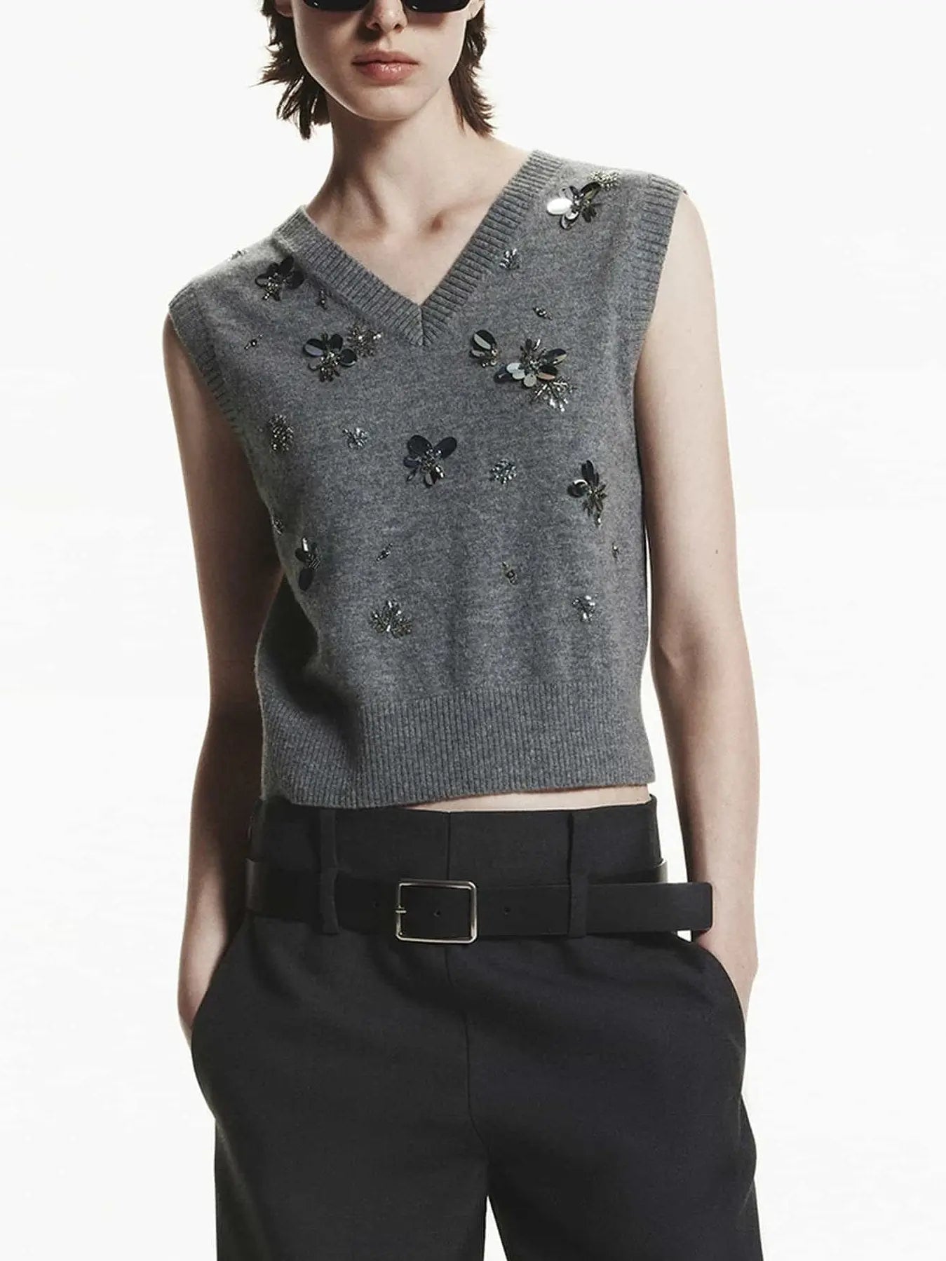 Gray Paillette and Sequin Embroidered Wool Vest - Sweaters & Knitwear