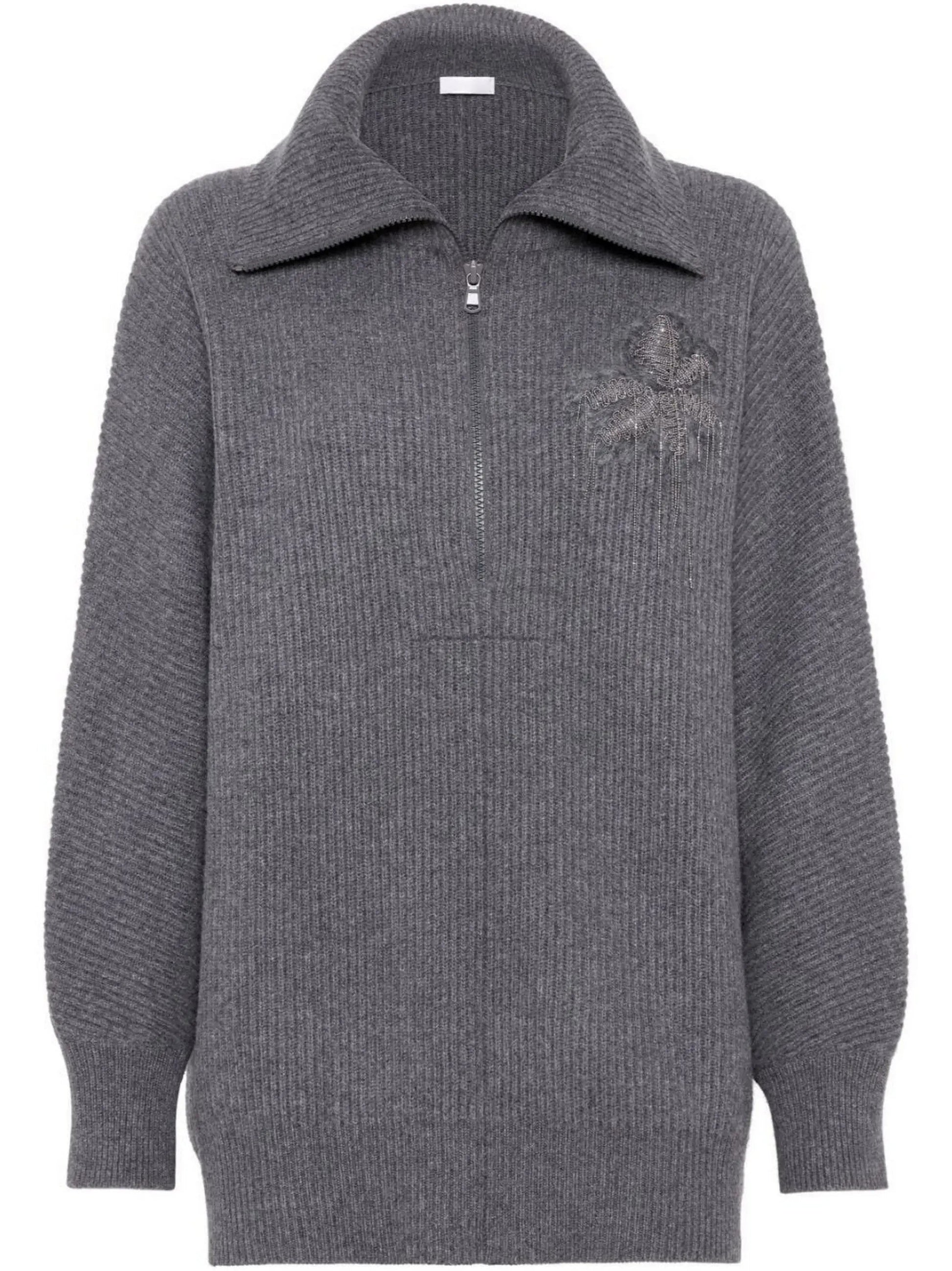 Gray Ribbed Knit Zip-Front Sweater with Flower Embroidery - Sweaters & Knitwear